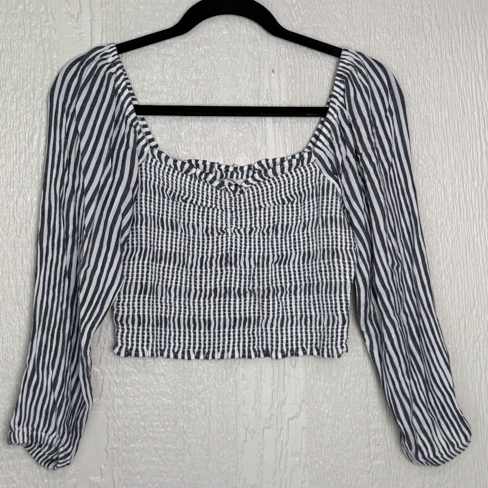 American Eagle Womens XS Striped Smocked Crop Top Navy White Long Sleeve Blouse